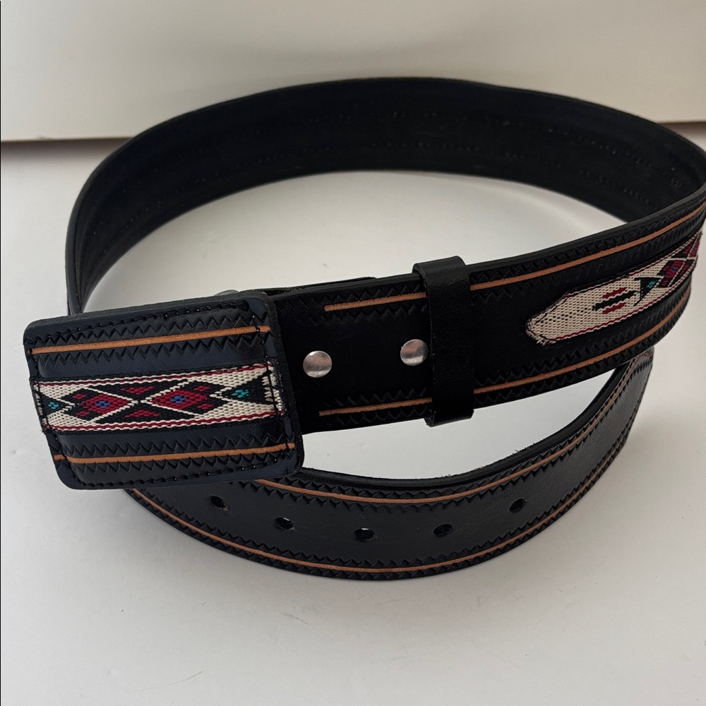 Vintage Orona Aztec Southwestern Black Leather‎ Handcrafted Belt Mens Size 34